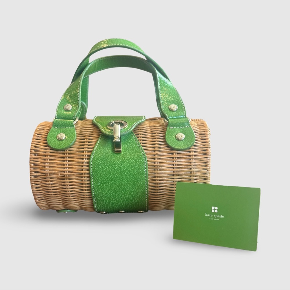 Kate Spade Green Trim Wicker Barrel Bag